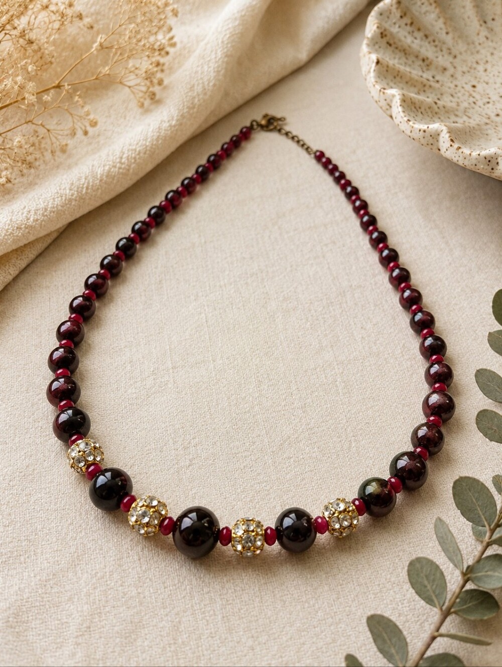 Vintage Burgundy Glass Garnet Bead Necklace with Rhinestone Accents